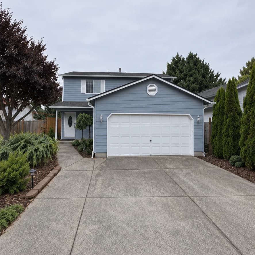 After exterior painting: two-story Vancouver home with blue-gray lap siding, white trim and a white garage door.