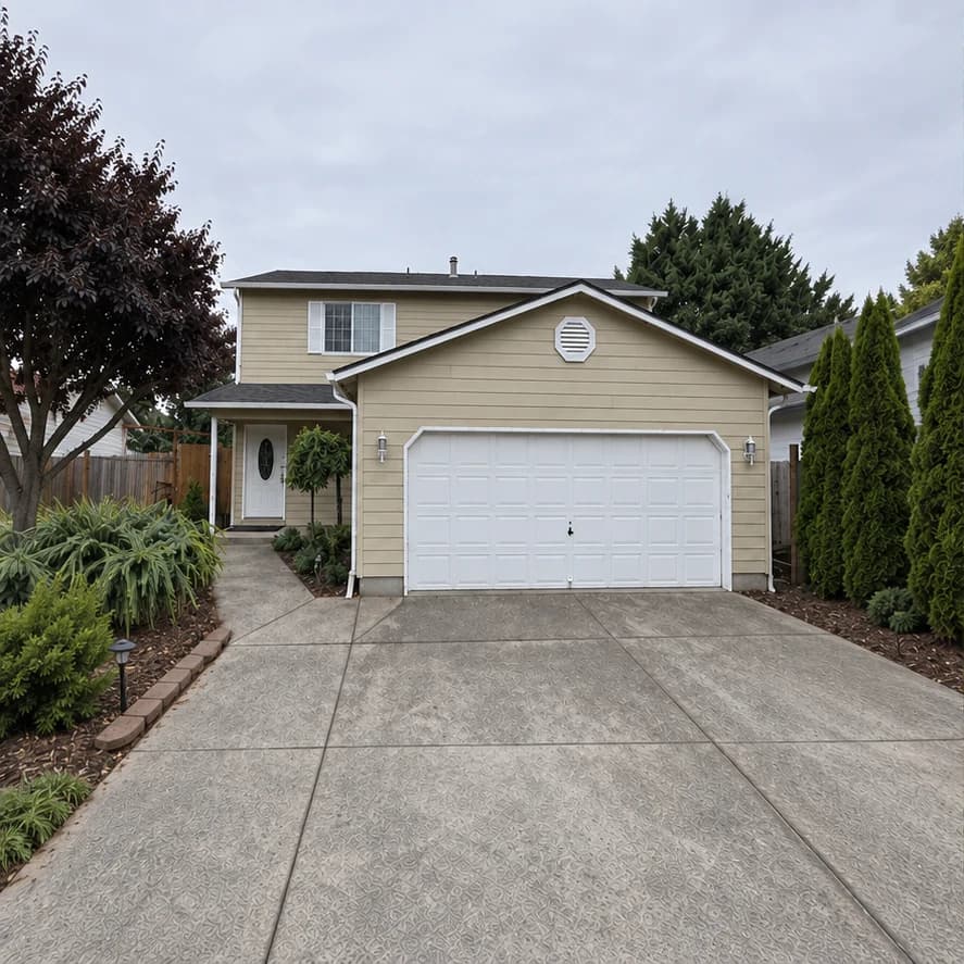 Before exterior painting: two-story Vancouver home with beige lap siding, white trim and a white garage door.